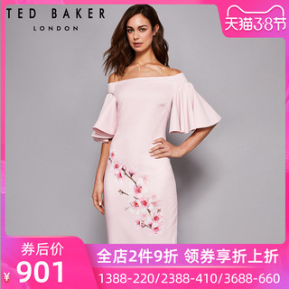 TED BAKER  WH8W/GD69/CALINDA 女士甜美一字肩喇叭袖印花铅笔裙 浅粉色