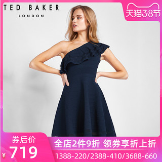 TED BAKER WH8W/GDV1/STREENA 女士时尚纯色收腰斜肩露肩连衣裙 藏青色