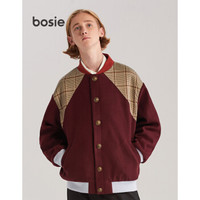 bosie 2019冬新品男女同款设计师潮牌复古格纹拼接撞色棒球服6096 深红色 L