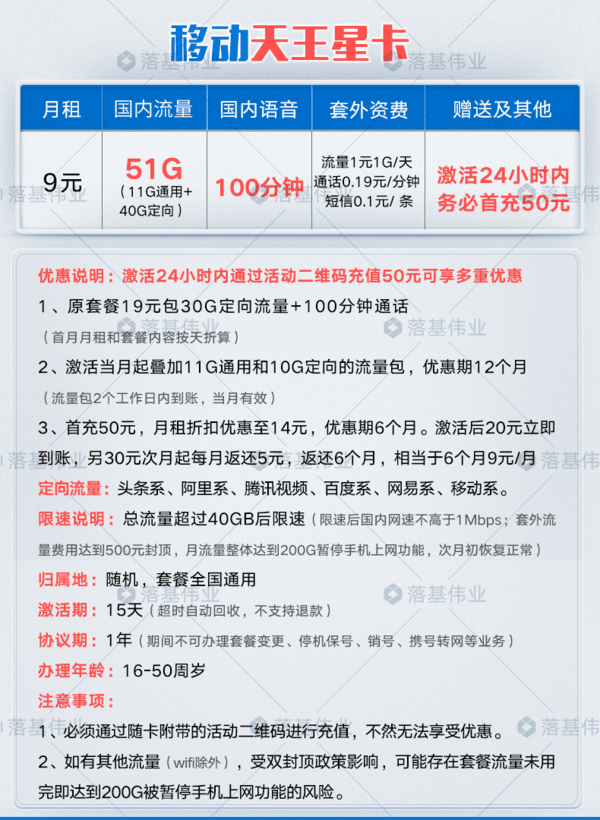 中国移动 天王星卡 9元/月 11G通用+40G定向+100分钟