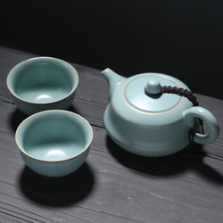 苏氏陶瓷 SUSHI CERAMICS 汝窑茶具套装忠义茶壶开片可养金线一壶两茶杯整套功夫茶具