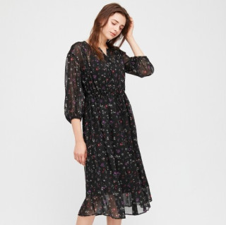 Uniqlo 优衣库连衣裙 Uniqlo 优衣库女装七分袖雪纺连衣裙 黑色150 76a Xs 报价价格评测怎么样 什么值得买