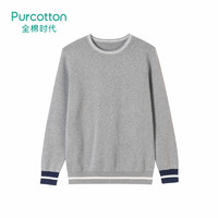 Purcotton/全棉时代男士圆领撞色条纹长袖棉线衫学院风毛衣