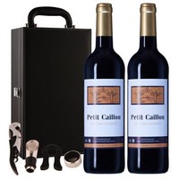 法国进口红酒 小卡丽勒 PETIT CAILLOU干红葡萄酒 750ml*2瓶 双支带酒具黑色皮礼盒 *2件
