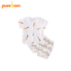 pureborn新生婴儿儿衣服短袖短裤套装纯棉纱布宝宝T恤裤子两件套 大胡萝卜 1-2岁 *3件
