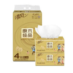清风(APP)抽纸 原木纯品金装系列 3层130抽软抽纸巾*4包小规格(新老包装交替发货) 3提装(12包) *3件