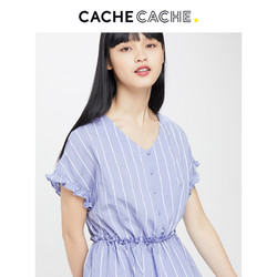 CacheCache2019春夏新款高腰收腰显瘦条纹木耳边V领设计感衬衫女