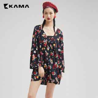 KAMA 卡玛 女款碎花V领喇叭袖连衣裙两件套 7218151 黑色 S