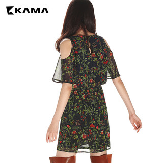 KAMA 卡玛 女款雪纺荷叶袖碎花高腰短连衣裙 7217150 墨绿 S