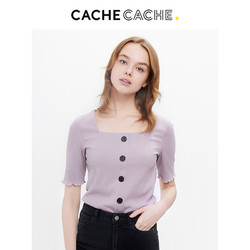 CacheCache女装2019春夏新款ins潮复古短款方领T恤短袖打底针织衫