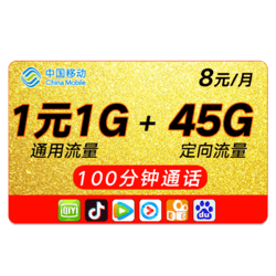 中国移动 大王卡 8元/月 1元1G通用+45G定向+100分钟