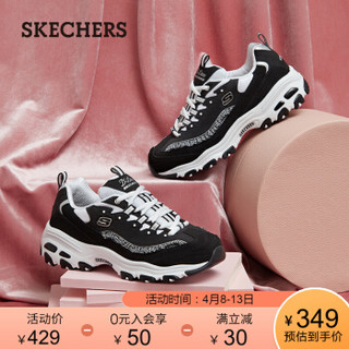 Skechers斯凯奇D'lites复古格纹花边熊猫鞋 厚底老爹鞋女鞋13090 黑色/白色/BKW 36