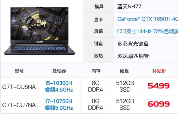 百亿补贴新品发售hasee神舟z7mcu5na156英寸游戏本i510300h8gb512gb