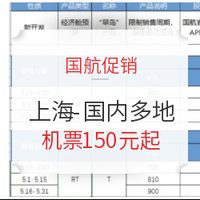 国航促销！上海-川渝/云贵陕/粤桂琼/东北/京津等全国24城