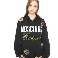 MOSCHINO 莫斯奇诺 女士刺绣印花徽标纽扣套头连帽卫衣 A1714042719P 黑色 36