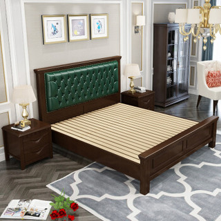 恒兴达 美式实木高箱双人床(1.8*2米胡桃色+绿皮 单床)