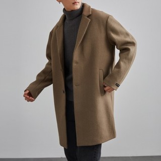 男士大衣男装毛呢大衣冬季新款翻领中长款毛呢男韩版修身外套 XL 核桃卡