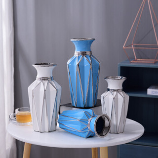 华达泰陶瓷 现代陶瓷插花花瓶摆件 钻石花瓶高款蓝+8束跳舞兰