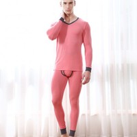 男士保暖内衣套装 红豆居家时尚V领撞色内衣套装 185/110 洋红