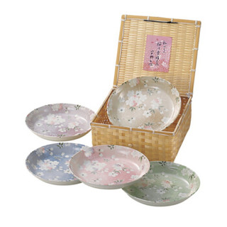 日本原产AITO宇野千代樱吹雪美浓烧陶瓷盘竹笼礼盒5件套 花色