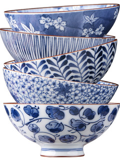 美浓烧 陶瓷碗 古染蓝绘礼盒 11.5cm 5件套