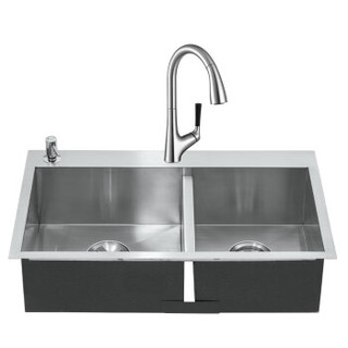 KOHLER 科勒 手工晶钻厨盆水槽套餐K-3581T-2FD-NA+K-24337T-4-CP抽拉龙头双槽台上台下双用