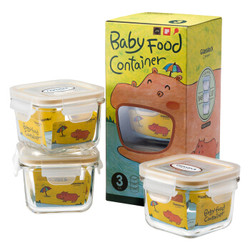 Glasslockbaby婴儿辅食盒 耐热玻璃密封保鲜储存盒冷冻 新生儿宝宝辅食碗 儿童餐具套装 方形210ml*3 *3件