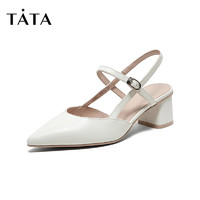 Tata/他她2020夏商场同款通勤尖头粗跟一字带后空女凉鞋DSXAIBH0