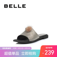 BELLE/百丽夏新专柜同款毛球休闲女凉拖S4N1DBT8 金色 38