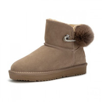 冬季新款保暖加绒大毛球平底别针扣饰女士雪地靴 37 杏色