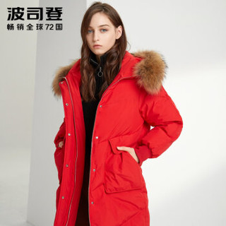 波司登女羽绒服貉子毛领中长款2019新款保暖冬装厚外套 亮红1299 B90141324