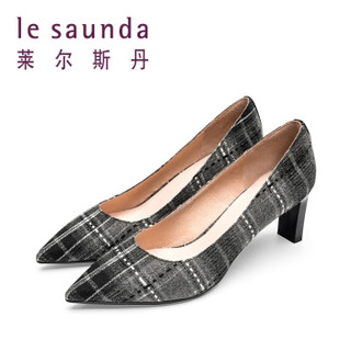 莱尔斯丹 le saunda 时尚休闲尖头套脚拼色格子纹高跟女单鞋LS 9T66901 灰白色织物/黑色牛皮革 36
