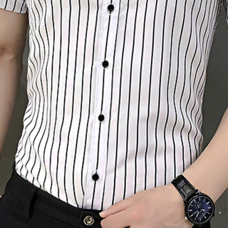 卡帝乐鳄鱼（CARTELO）短袖衬衫 2019夏季新款男士时尚潮流条纹翻领短袖衬衣512-D16白黑色M