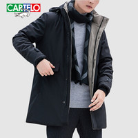 卡帝乐鳄鱼(CARTELO)羽绒服男加厚中长款2019冬季新品男士可拆卸连帽休闲保暖外套男装上衣 黑色 S