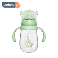 potato 小土豆 玻璃奶瓶 婴儿 宽口径 母乳质感 L号奶嘴适合6个月以上宝宝使用 带吸管手柄 240ml 艾草绿
