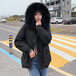 MAX WAY 女装 2019秋冬季时尚韩版短款新款毛领学生棉服 QDmw0838 黑色 M