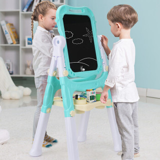 纽奇 双面磁性自由旋转升降大画架 儿童玩具男孩女孩黑白板磁性写字板 绘画套装工具文具画笔（48件套）蓝色
