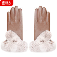 南极人皮手套女 冬季加厚加绒防寒獭兔毛口头层羊皮 女士保暖手套NW-272 卡其色 L