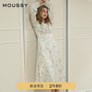 MOUSSY V领高腰抽褶碎花印花时尚法式连衣裙010CAH30-7170