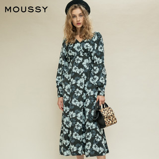 MOUSSY V领高腰抽褶碎花印花时尚法式连衣裙010CAH30-7170