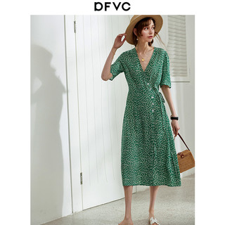 dfvc休闲气质v领碎花连衣裙2020新款夏法式绿色茶歇裙子收腰显瘦