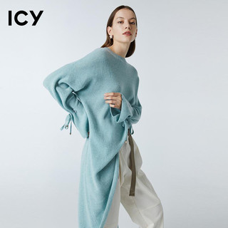 icy2019冬季新款不对称羊绒连衣裙温柔系带斜裙摆女