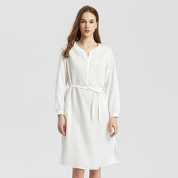 MECITY女装白色竖条纹中长款系带连衣裙