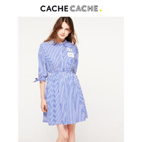 CacheCache夏款仙女度假蓝色条纹短袖七分袖女中长裙裙子连衣裙