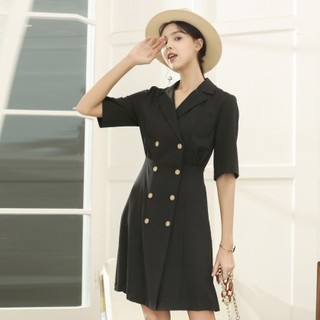 betu2020新款小众感设计双排扣纯色西装裙复古短袖连衣裙