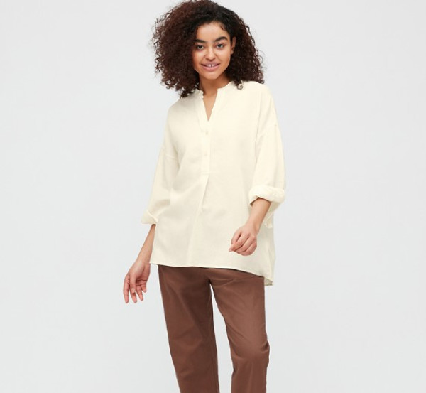 商品uniqlo优衣库女士麻混纺七分袖半开领上衣425466乳白色xs