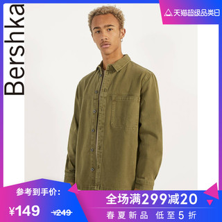 Bershka男士 2020春季新款纯棉军绿色工装衬衫外套 00896388505