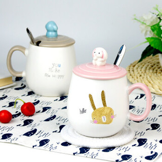 萌可（mengke）陶瓷马克杯带盖带勺咖啡牛奶早餐杯创意可爱办公喝水杯子300ml（小兔）