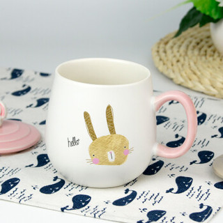 萌可（mengke）陶瓷马克杯带盖带勺咖啡牛奶早餐杯创意可爱办公喝水杯子300ml（小兔）