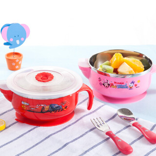 迪士尼（Disney）儿童餐具 婴儿注水保温碗宝宝304不锈钢餐具带吸盘辅食碗 粉色米妮
